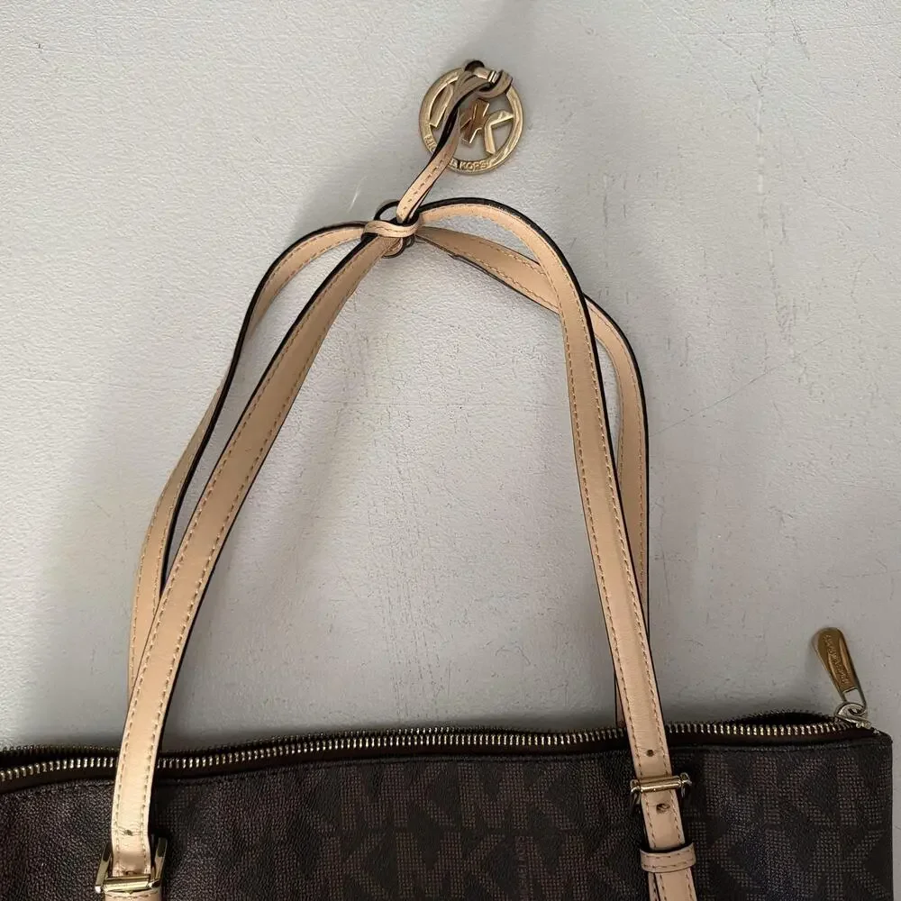 Michael Kors Tote Bag Womens Large Brown Logo PVC Leather Zip Shoulder Handbag